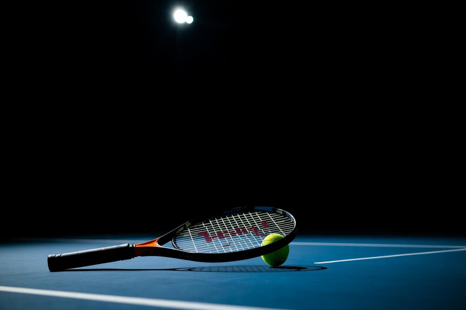 Tenisová raketa a míček před prázdným kurtem ATP Finals