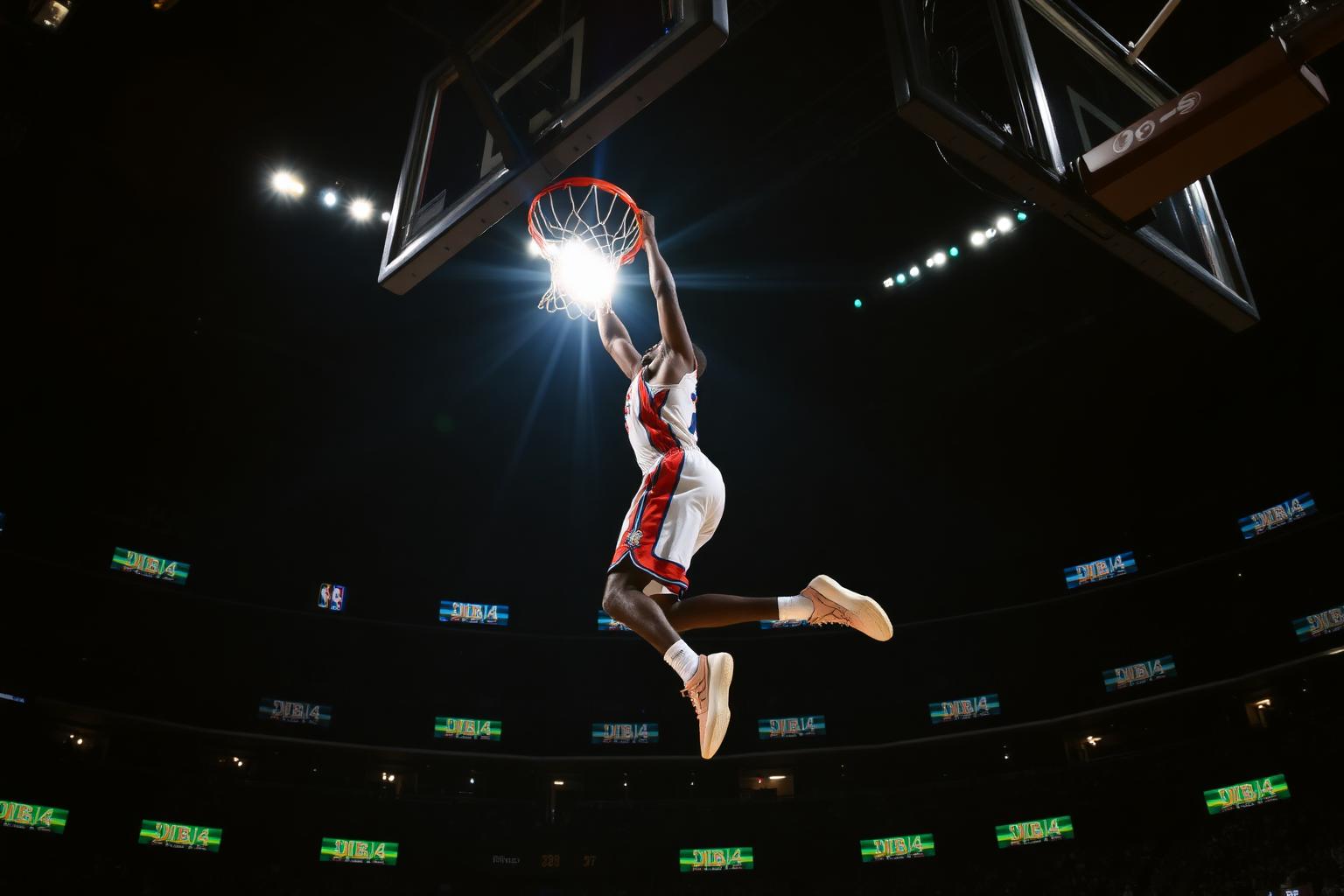 Basketbalista NBA při slam dunku v aréně