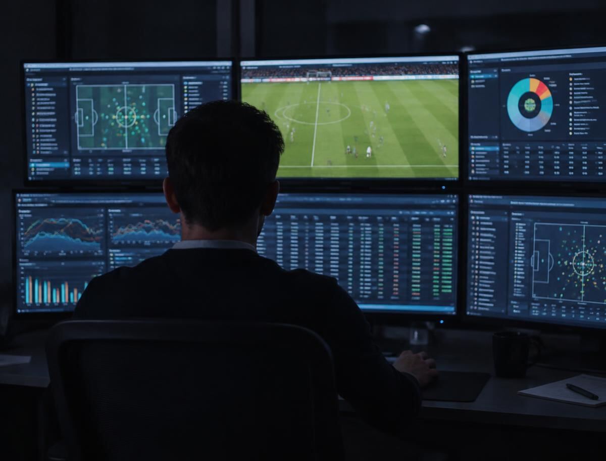 Analytik vyhodnocuje zápasová data na více monitorech